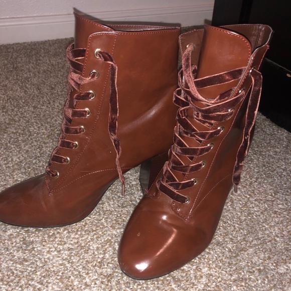 Chocolate Brown Ankle Boots w/ Velvet Shoestring - Picture 2 of 6